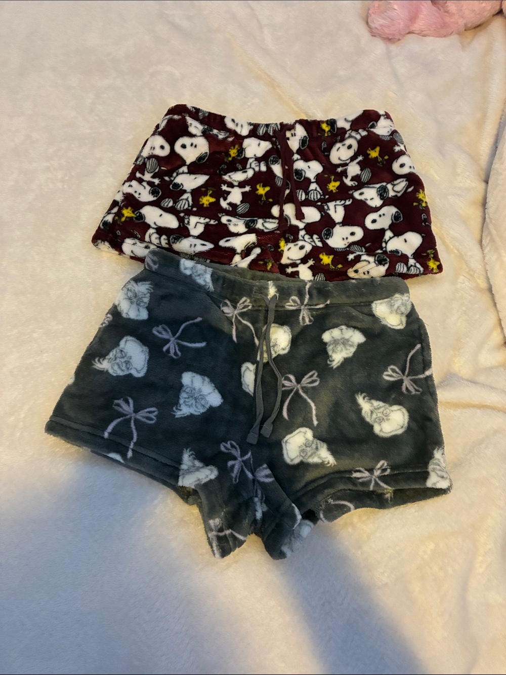 Plush Lounge Shorts - Maroon Snoopy & Gray grinch Bow Print fuzzy shorts